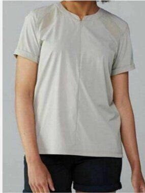 INDYGENA Womens sz XL Taupe/gray Ruching Back Sheer Sleeve Insert 1/4 Zip Shirt